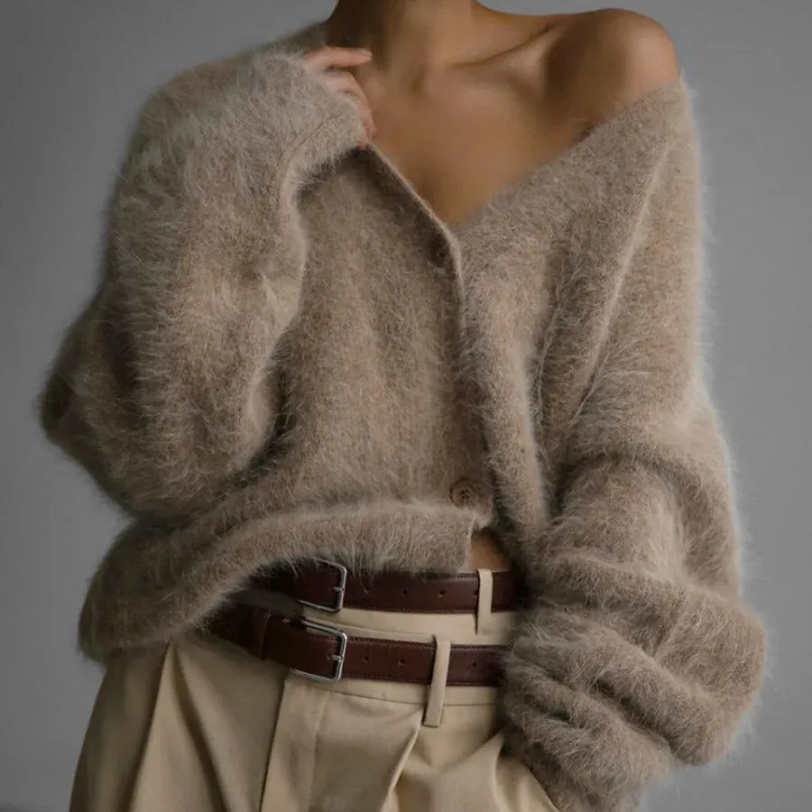 Faux Mink V-Neck Button Cardigan | The Nichole Collection