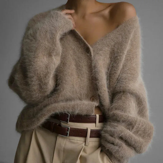 Faux Mink V-Neck Button Cardigan | The Nichole Collection