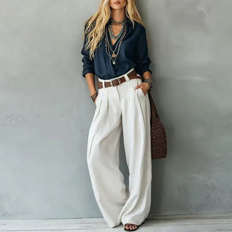 Crinkle Wide Leg Pants & Lapel Shirt Two-Piece Set | The Nichole Collection
