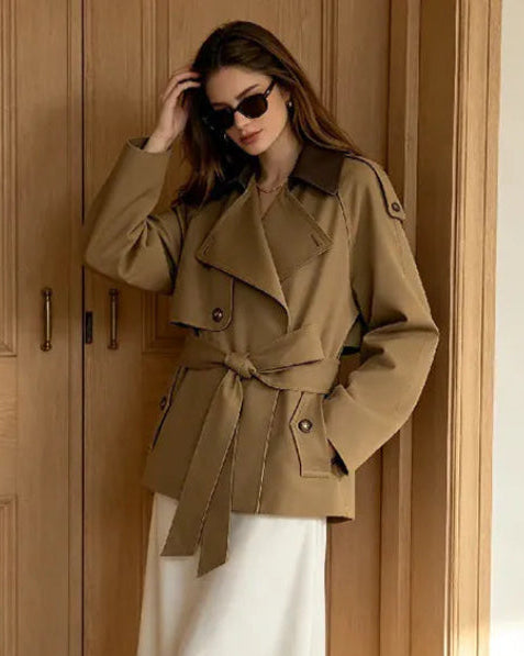 Faux-Leather Collar Belted Short Trench Coat The Nichole Collection