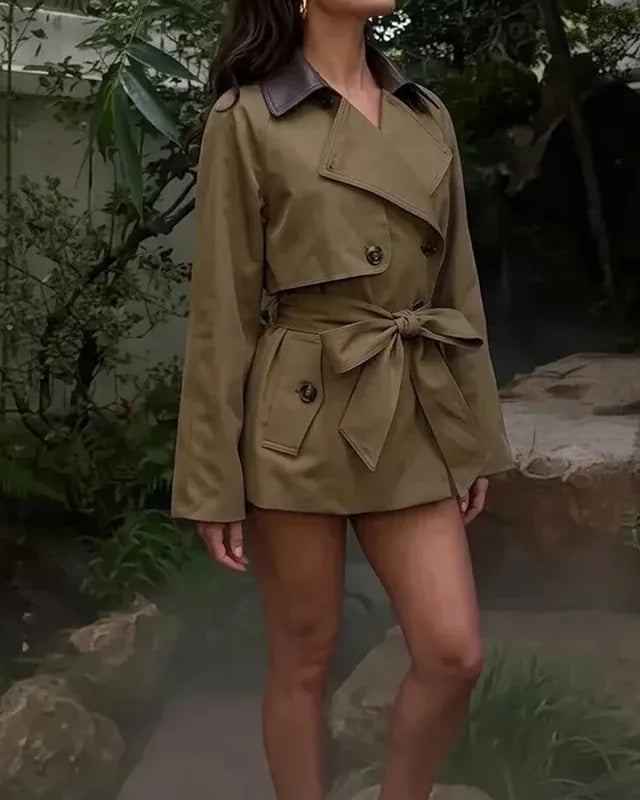 Faux-Leather Collar Belted Short Trench Coat The Nichole Collection