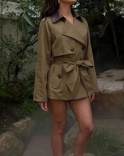 Faux-Leather Collar Belted Short Trench Coat The Nichole Collection