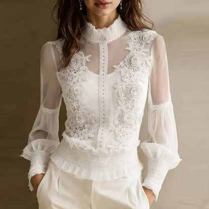 High-Neck Floral Lace-Mesh Ruffle-Hem Top