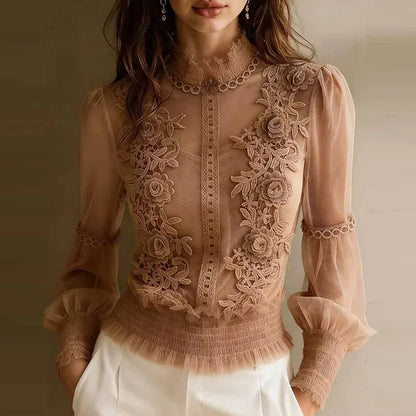 High-Neck Floral Lace-Mesh Ruffle-Hem Top