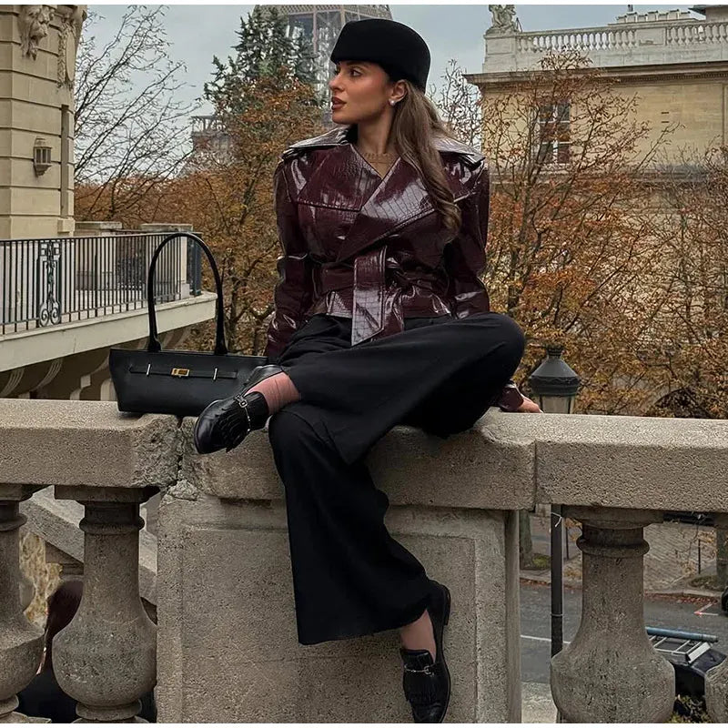 Belted V-Neck Faux-Leather Jacket The Nichole Collection