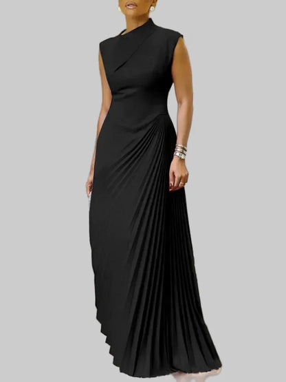 Sleeveless Mock Neck Pleated Maxi Dress