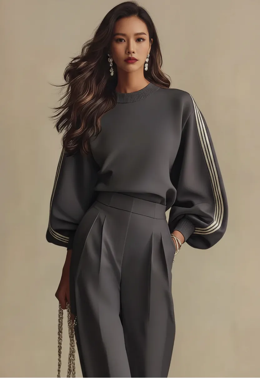 Crew Neck Long Sleeve Top & High Waist Wide Leg Pants Set