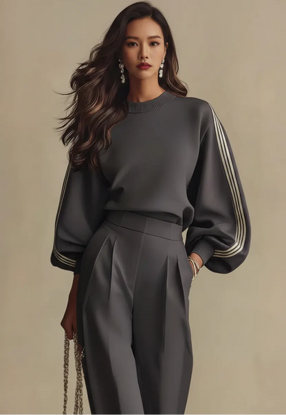 Crew Neck Long Sleeve Top & High Waist Wide Leg Pants Set