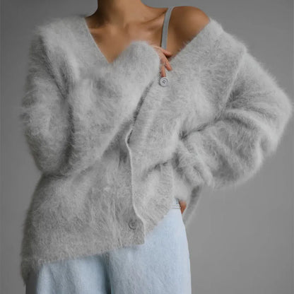Faux Mink V-Neck Button Cardigan | The Nichole Collection