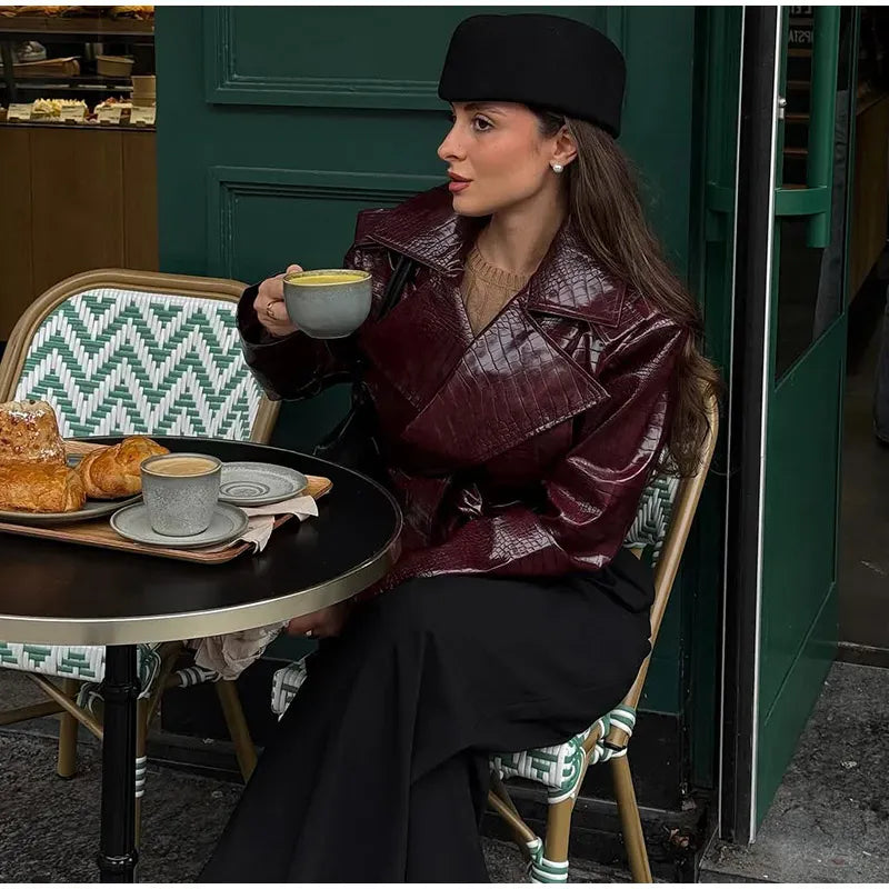 Belted V-Neck Faux-Leather Jacket The Nichole Collection