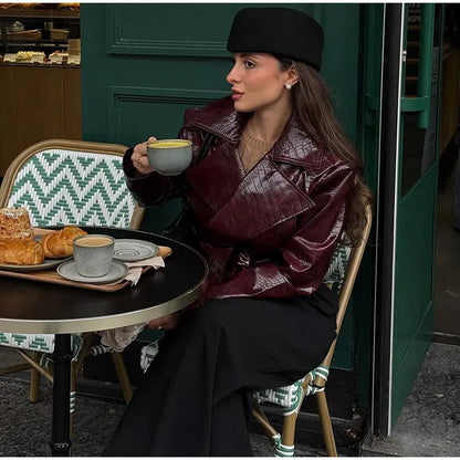 Belted V-Neck Faux-Leather Jacket The Nichole Collection