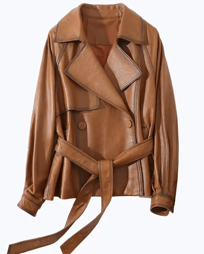 Sheepskin Leather Single-Button Short Trench Jacket The Nichole Collection