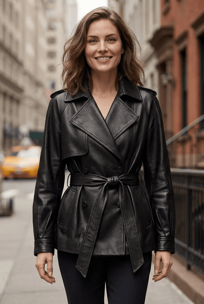 Sheepskin Leather Single-Button Short Trench Jacket The Nichole Collection
