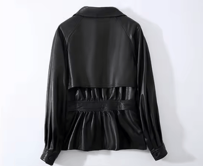 Sheepskin Leather Single-Button Short Trench Jacket The Nichole Collection
