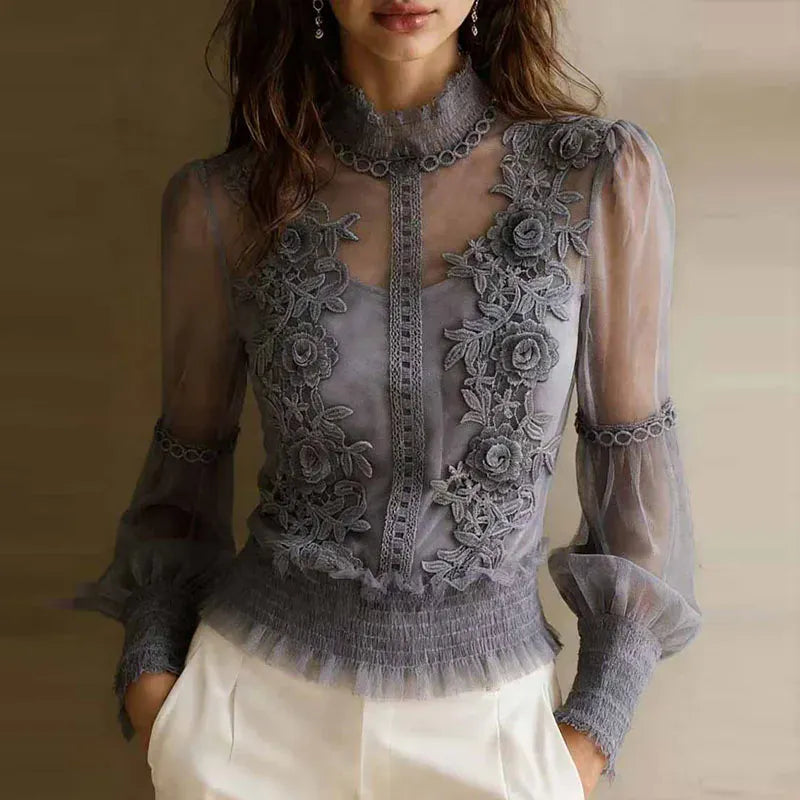High-Neck Floral Lace-Mesh Ruffle-Hem Top