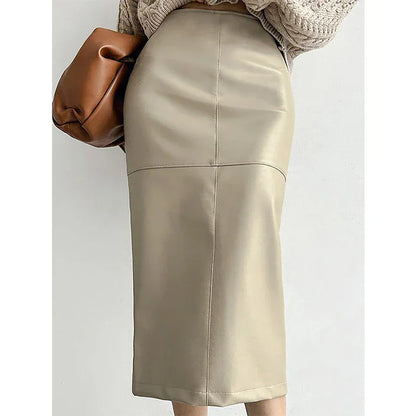 High-Waist Faux Leather Midi Skirt with Back Slit