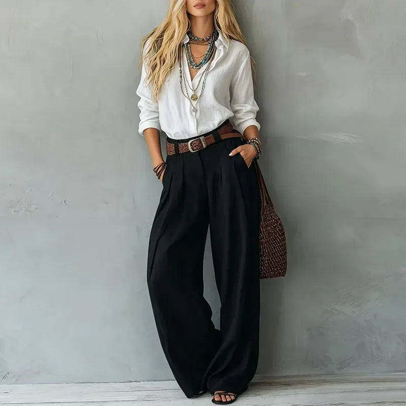 Crinkle Wide Leg Pants & Lapel Shirt Two-Piece Set | The Nichole Collection