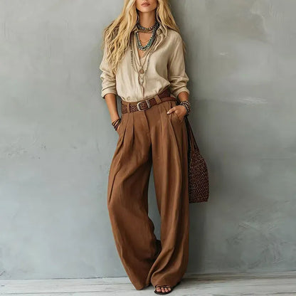Crinkle Wide Leg Pants & Lapel Shirt Two-Piece Set | The Nichole Collection
