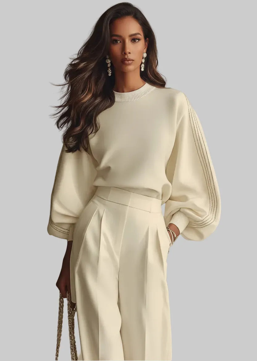 Crew Neck Long Sleeve Top & High Waist Wide Leg Pants Set