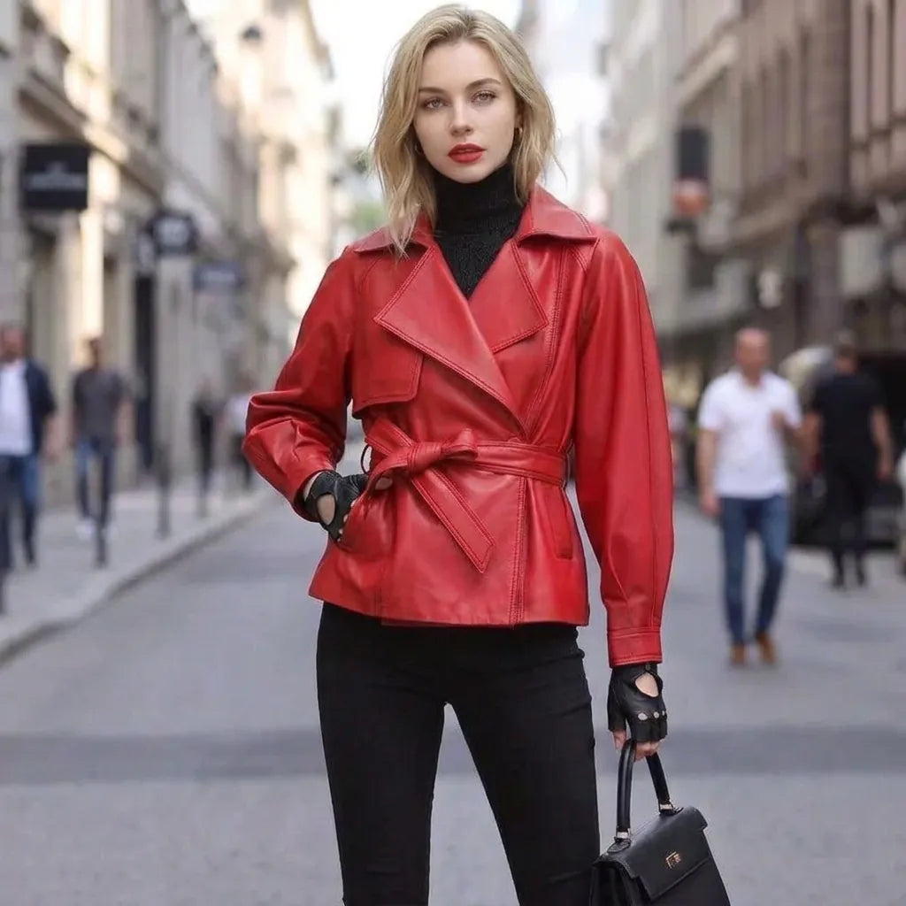Sheepskin Leather Single-Button Short Trench Jacket The Nichole Collection