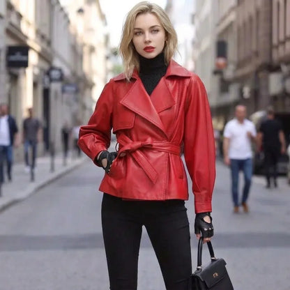 Sheepskin Leather Single-Button Short Trench Jacket The Nichole Collection