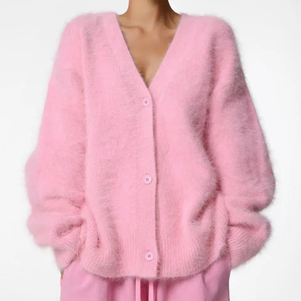 Faux Mink V-Neck Button Cardigan | The Nichole Collection