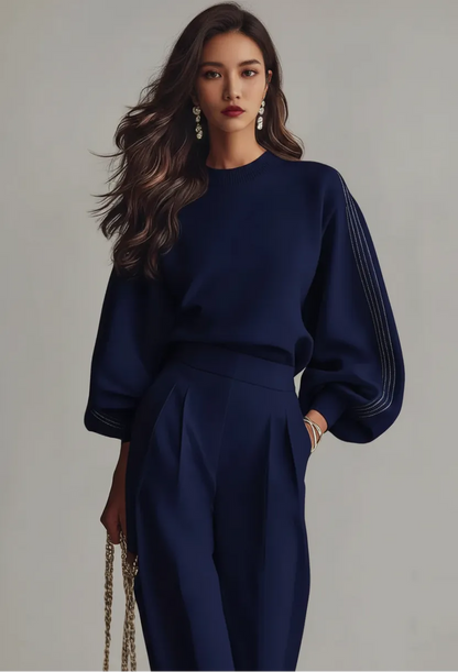 Crew Neck Long Sleeve Top & High Waist Wide Leg Pants Set
