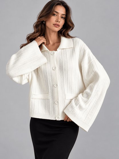 Textured Knit Wide-Sleeve Collared Cardigan The Nichole Collection