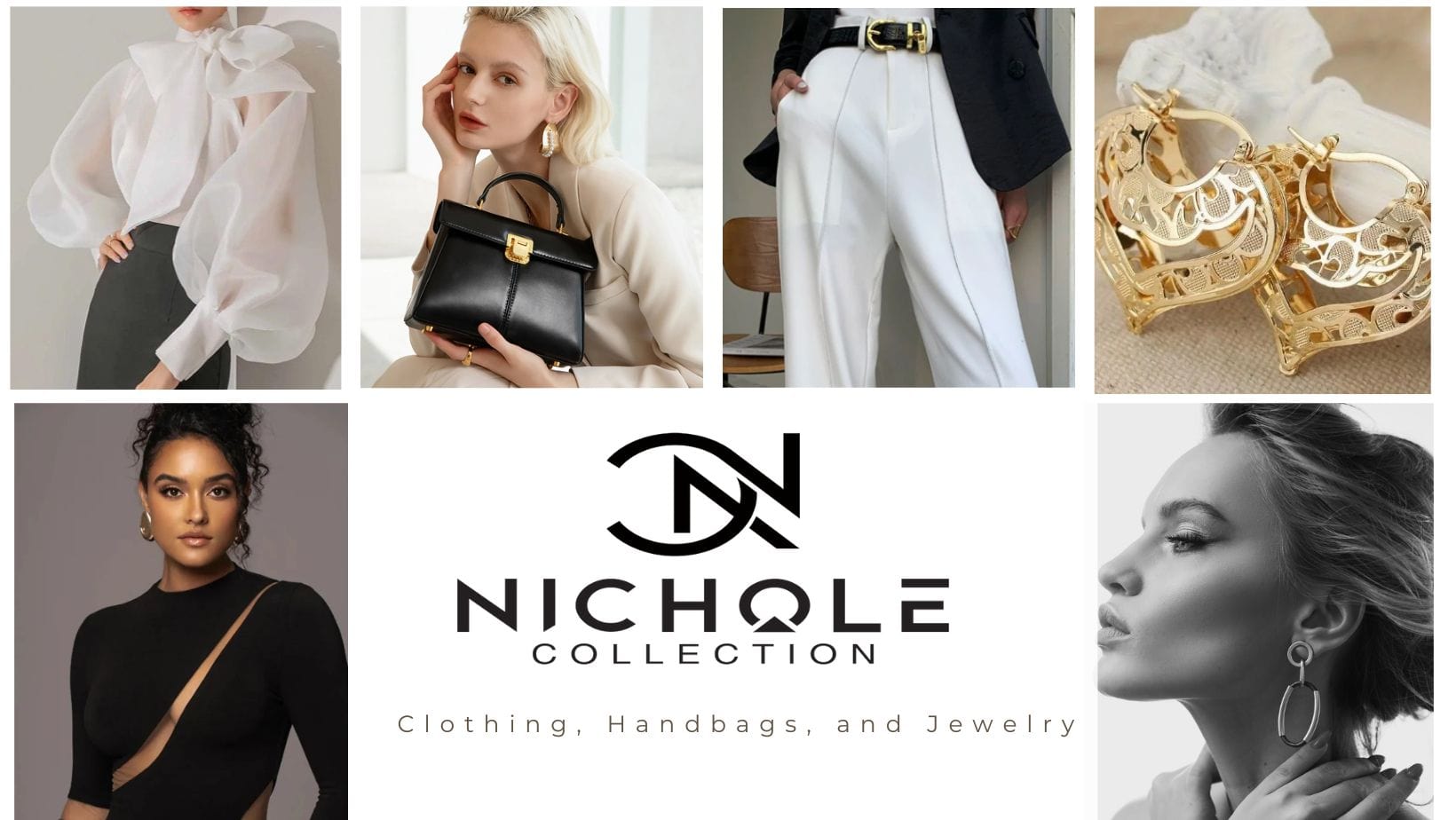 Collage of fashion items with 'Nichole Collection' branding, including clothing, handbags, and jewelry.