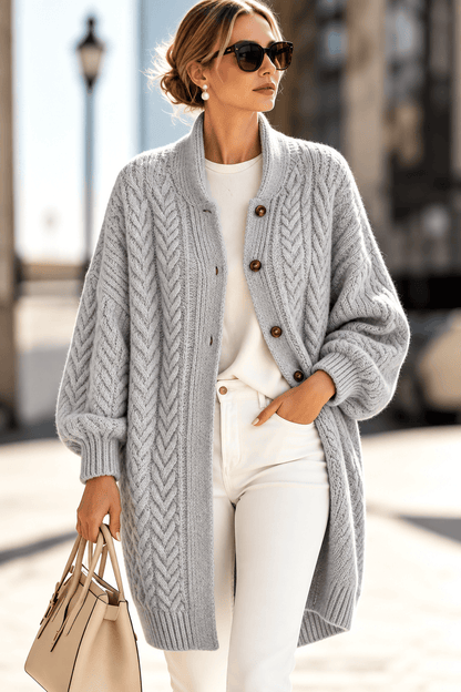 Cable-Knit Button-Down Long Cardigan