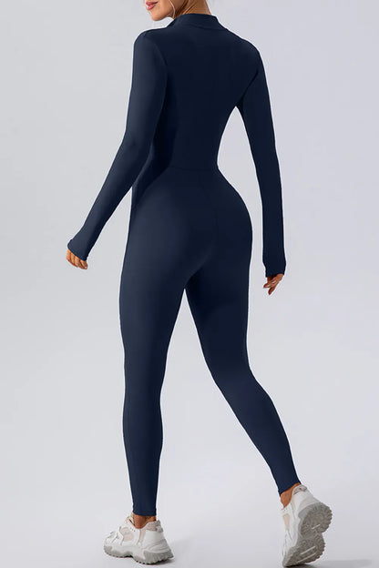 Half-Zip Mock-Neck Active Jumpsuit - Dark Blue / S