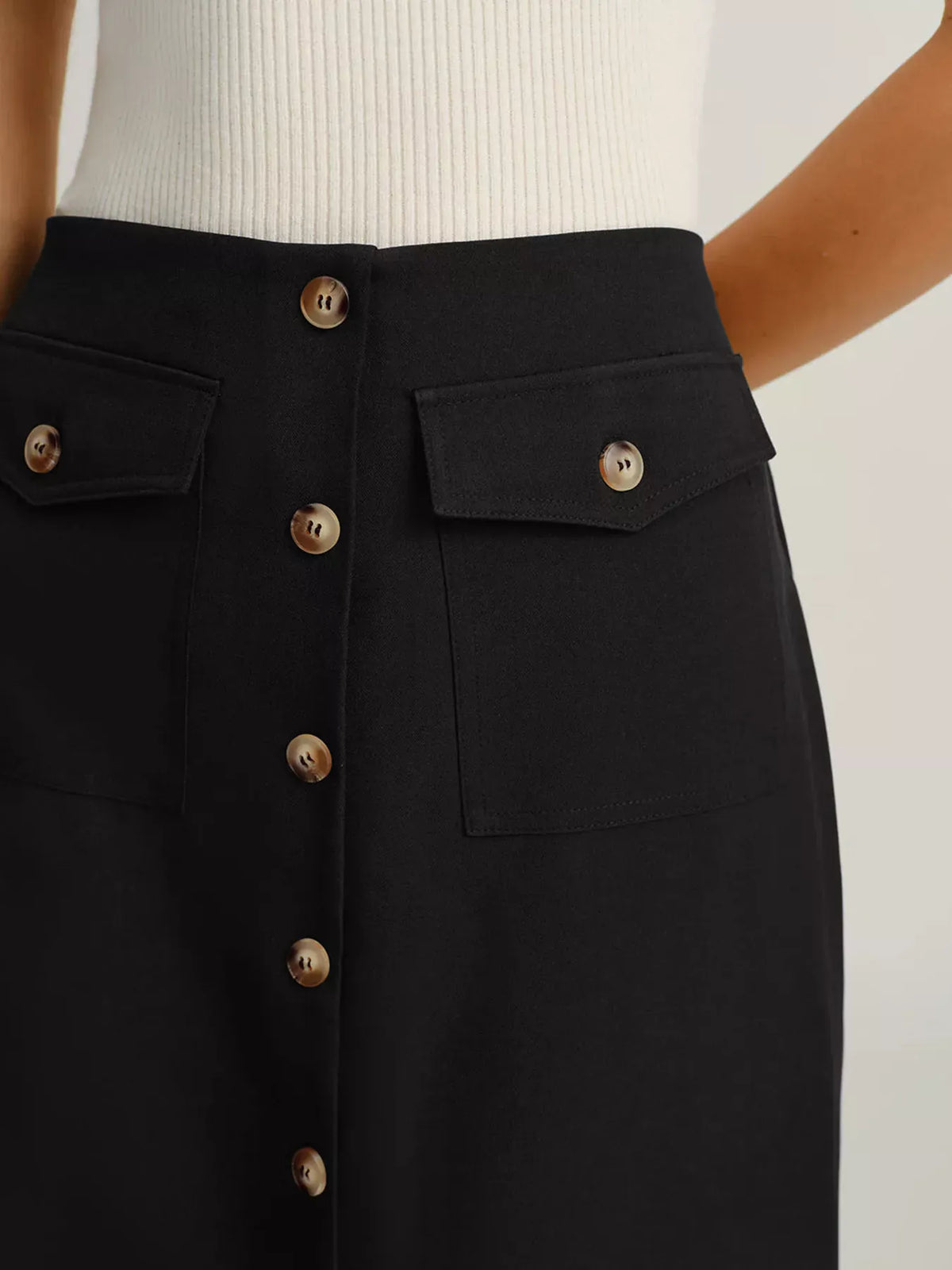 BUTTON-FRONT POCKETED MIDI SKIRT The Nichole Collection - Official Site