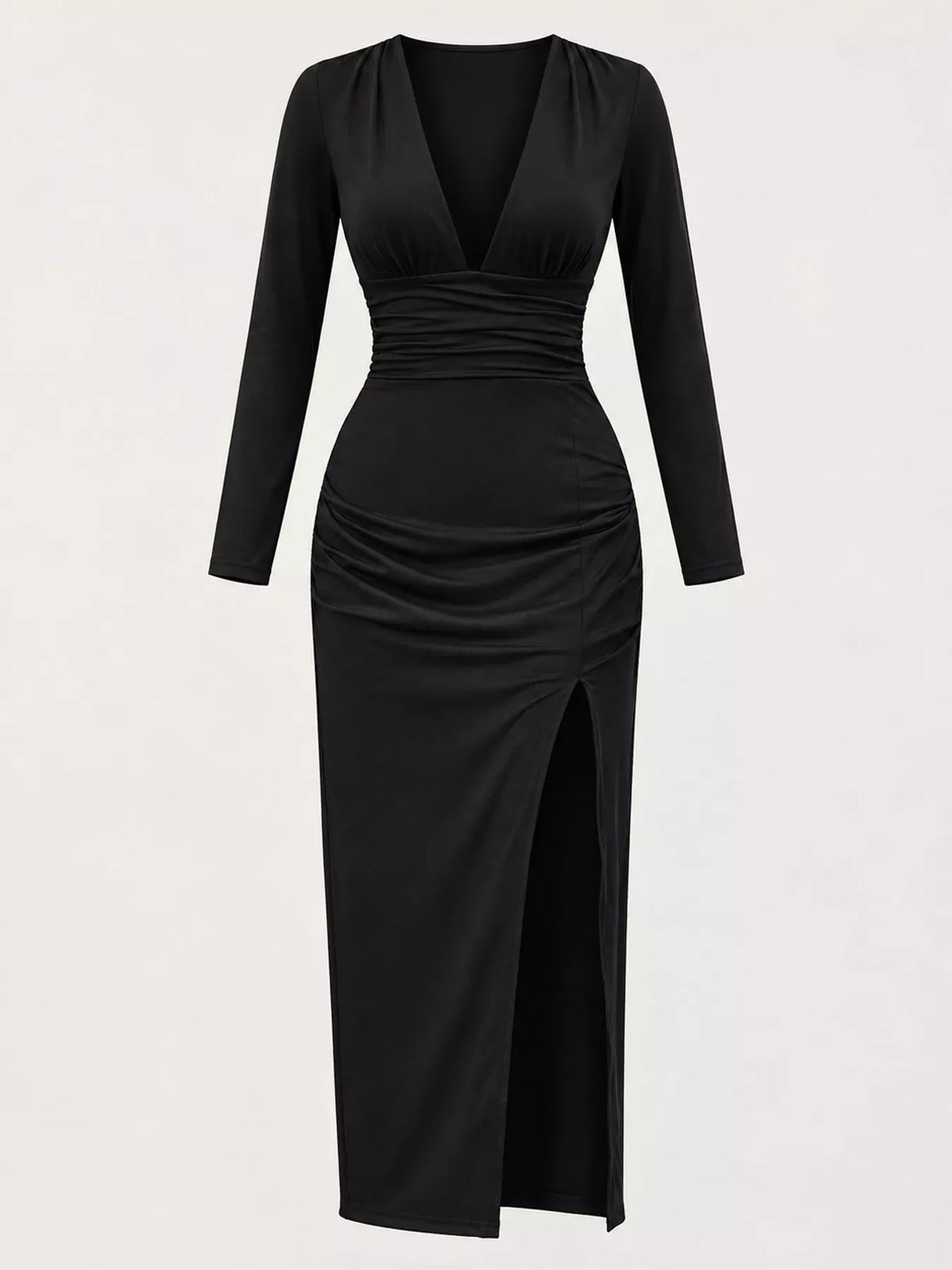 Long-Sleeve Deep V-Neck Ruched High-Slit Bodycon Dress The Nichole Collection - Official Site