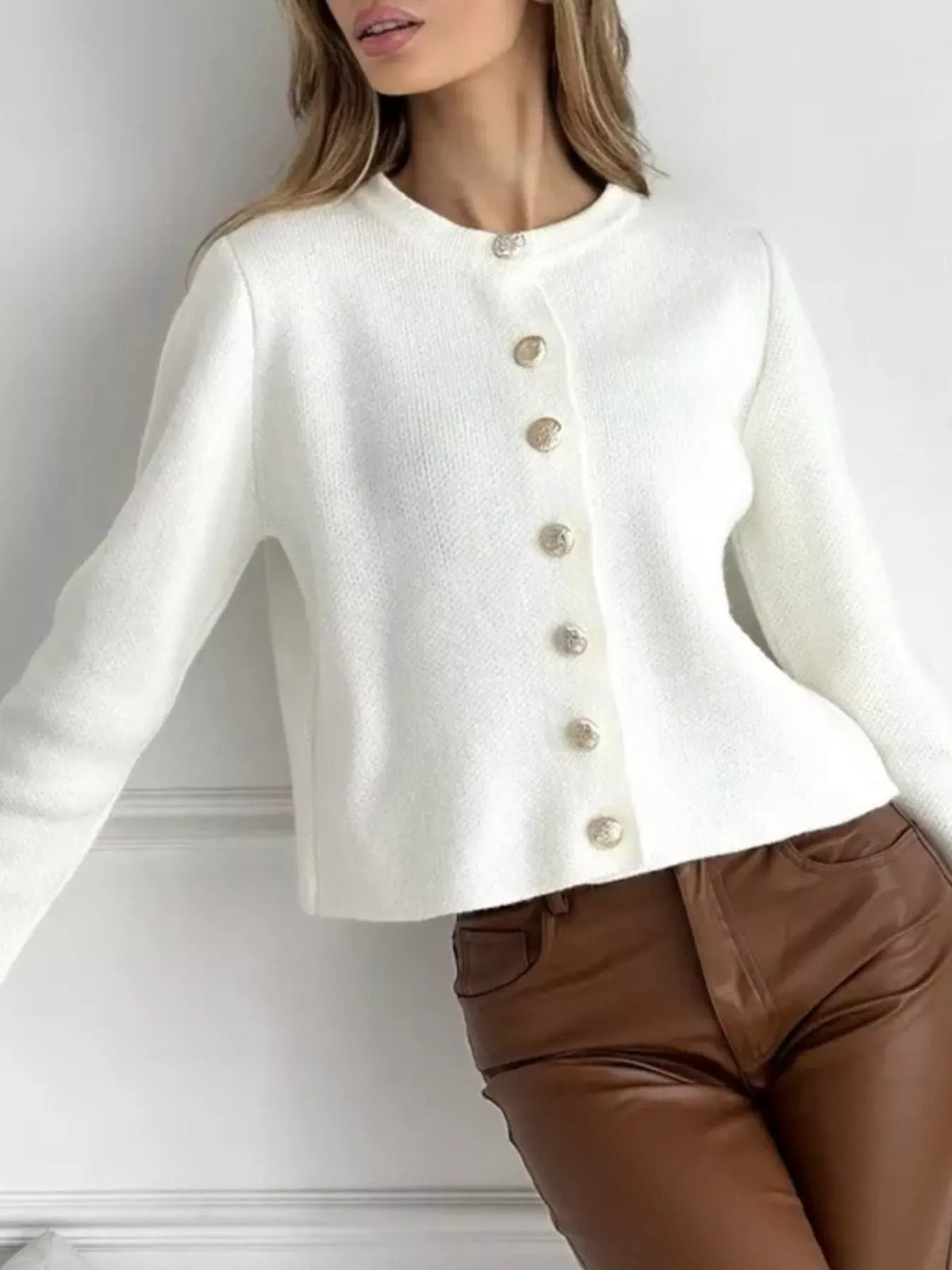 Decorative-Button Crew-Neck Knit Cardigan The Nichole Collection - Official Site