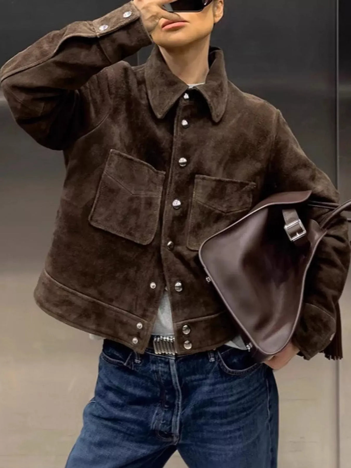 Suede Jacket with Silver-Tone Hardware The Nichole Collection