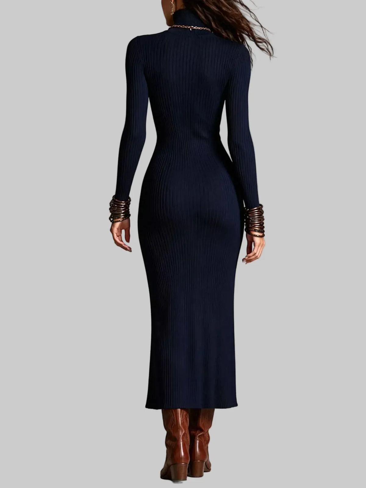Ribbed Turtleneck Sweater Dress with Cutout and Zipper Slit The Nichole Collection