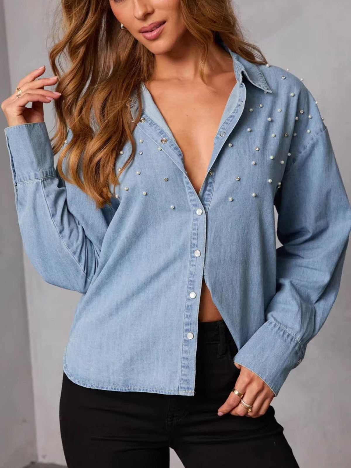 Pearl-Embellished Button-Up Denim Shirt The Nichole Collection