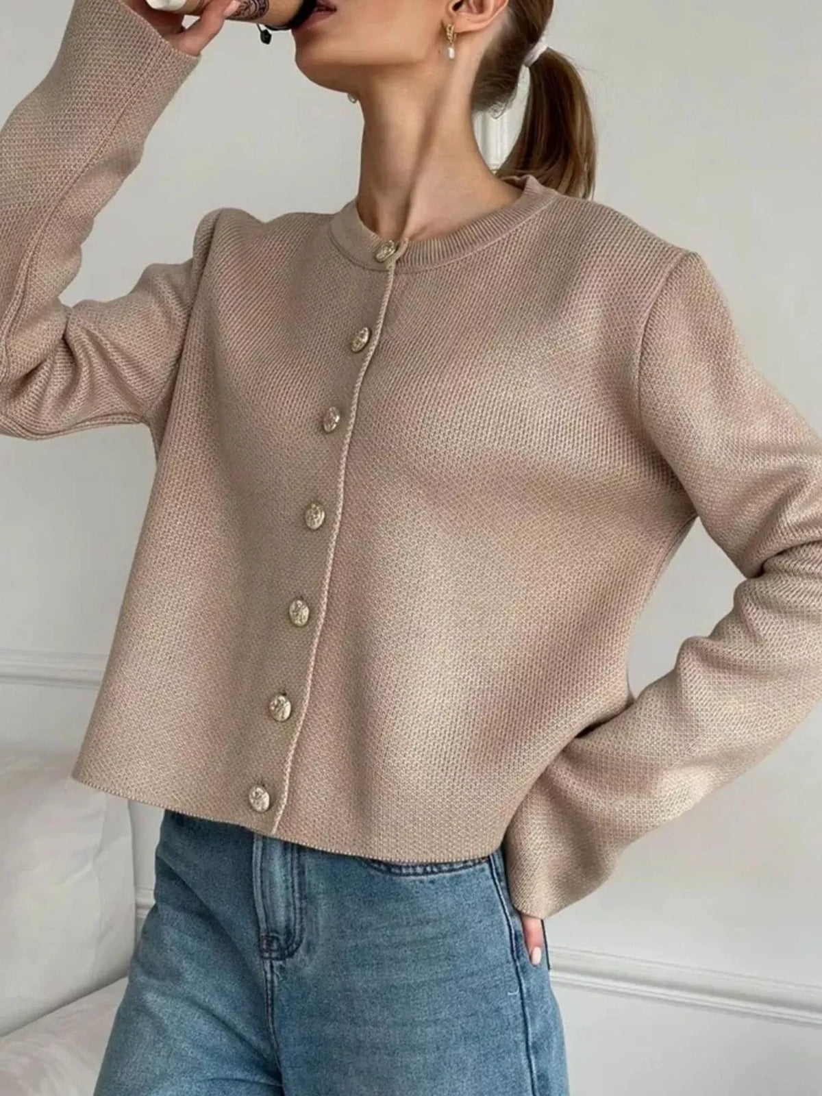 Decorative-Button Crew-Neck Knit Cardigan The Nichole Collection - Official Site