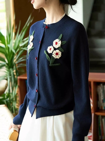 Genevieve Hand-Embroidered Pure Wool Cardigan The Nichole Collection