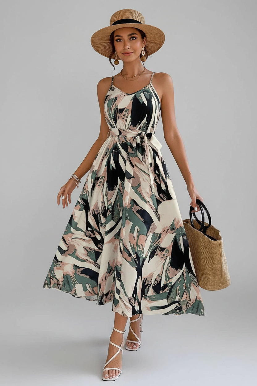 Abstract Print Tie Waist Cami Dress Army Green / S The Nichole Collection - Official Site