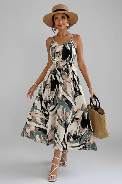 Abstract Print Tie Waist Cami Dress Army Green / S The Nichole Collection - Official Site