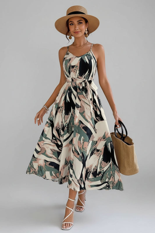 Abstract Print Tie Waist Cami Dress Army Green / S The Nichole Collection - Official Site
