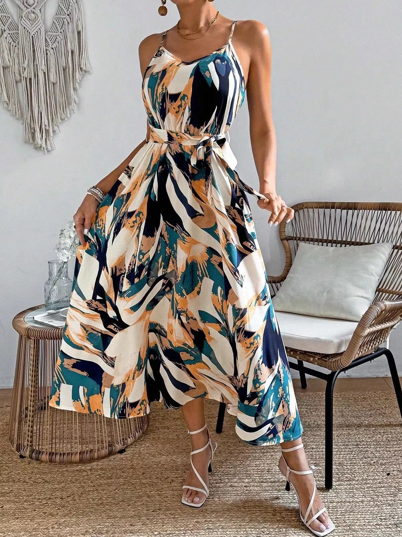 Abstract Print Tie Waist Cami Dress Deep Teal / S The Nichole Collection - Official Site