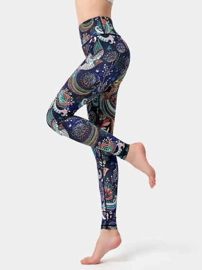 Abstract Printed High Waist Tummy Control Activewear Leggings Peacock  Blue / S The Nichole Collection