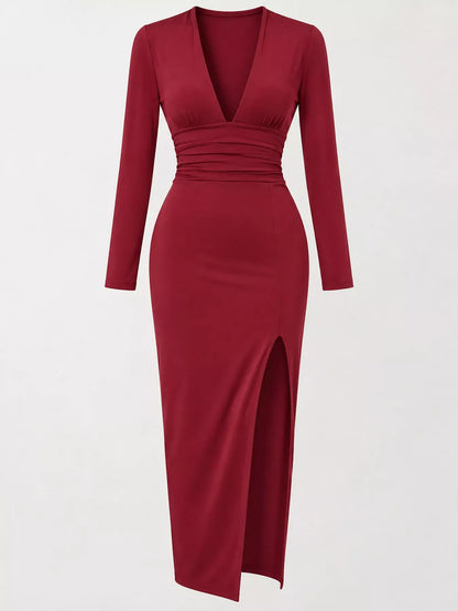Long-Sleeve Deep V-Neck Ruched High-Slit Bodycon Dress The Nichole Collection - Official Site