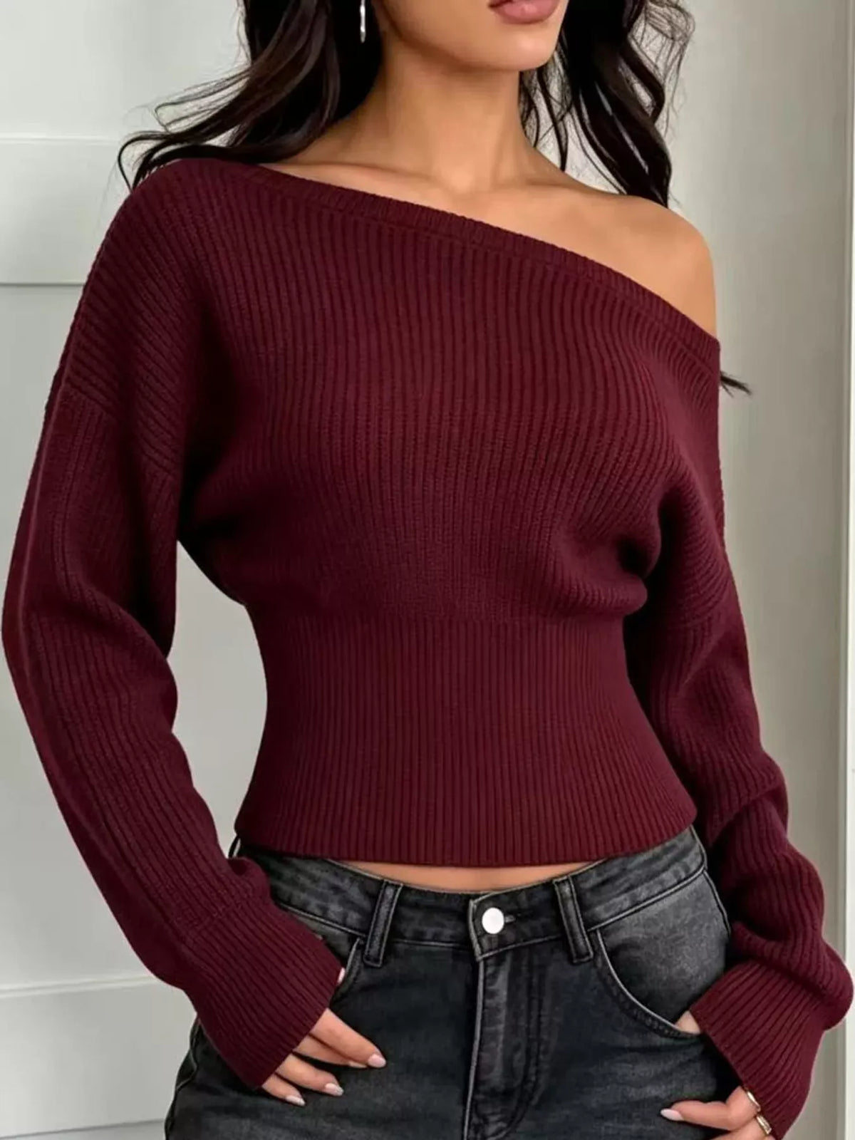 One-Shoulder Ribbed Knit Sweater The Nichole Collection