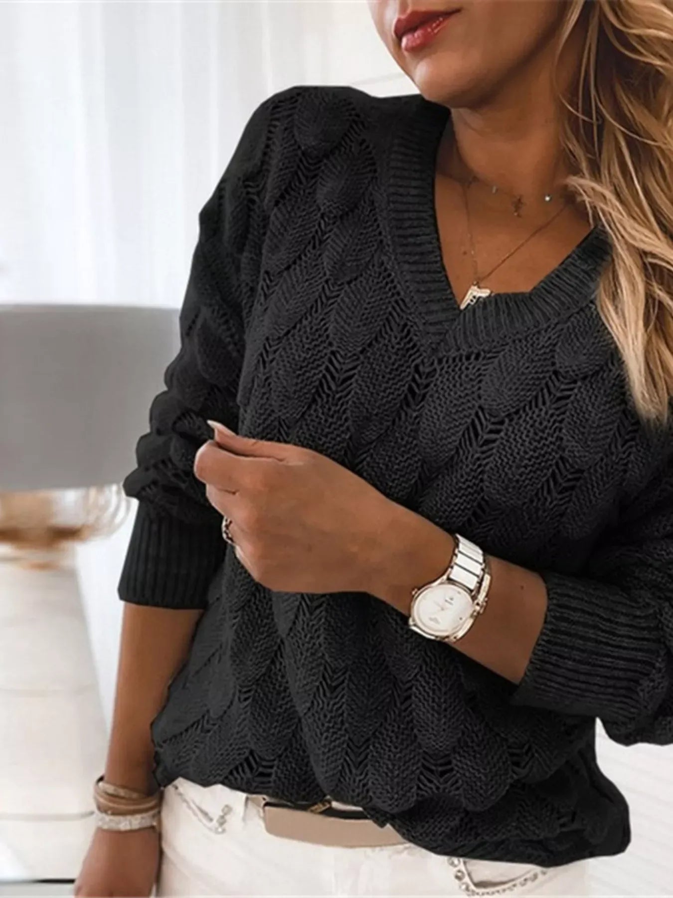 Airy Openwork V-Neck Knit Sweater The Nichole Collection - Official Site