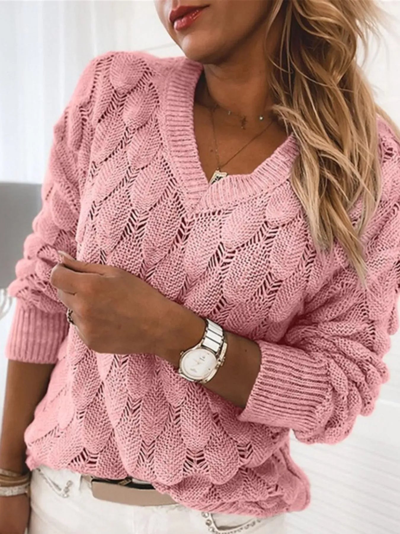 Airy Openwork V-Neck Knit Sweater Pink / S The Nichole Collection - Official Site
