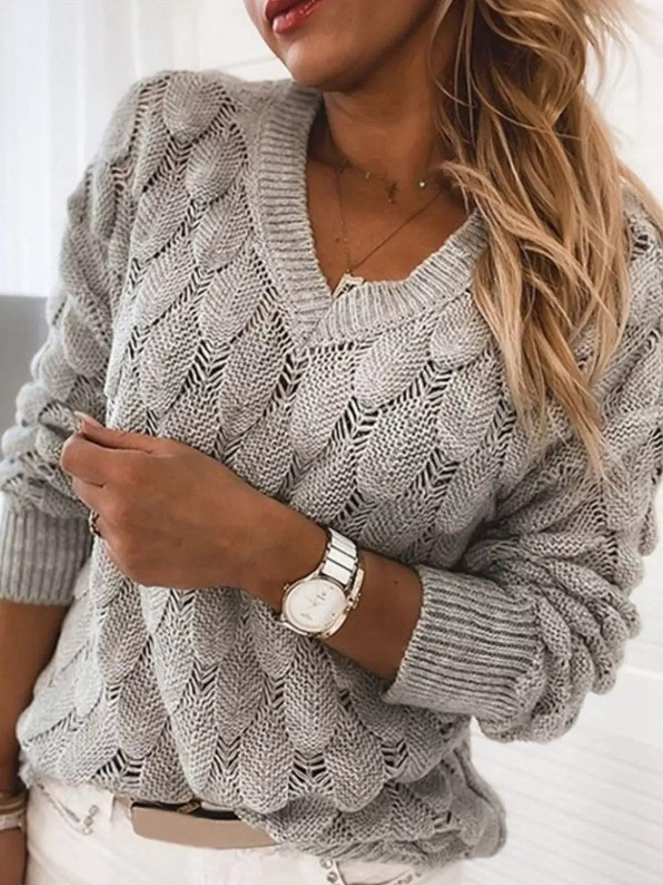 Airy Openwork V-Neck Knit Sweater Grey / S The Nichole Collection - Official Site