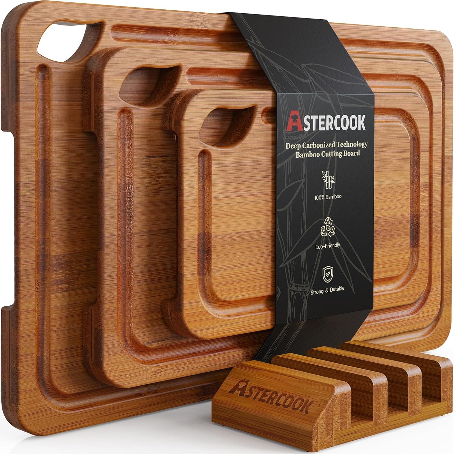 Astercook Carbonized Bamboo Cutting Board Set with Stand The Nichole Collection
